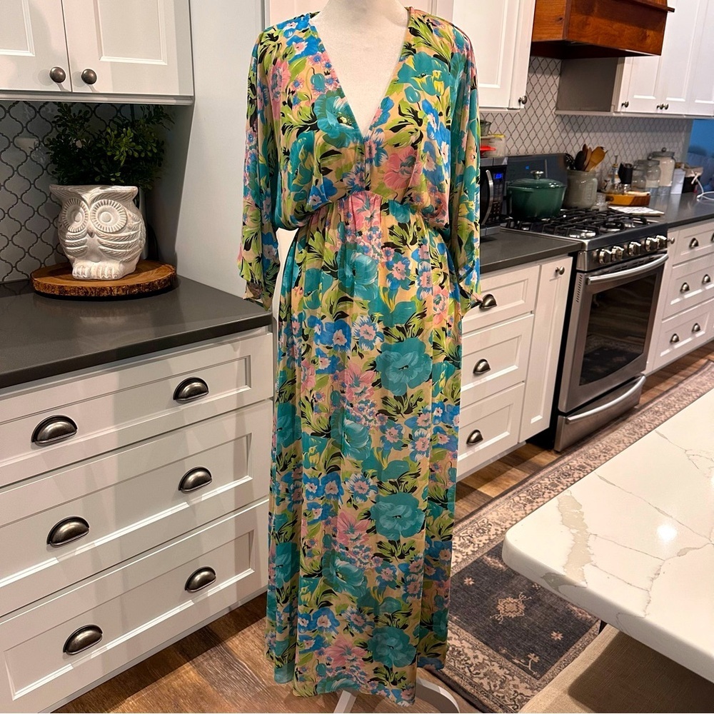 Entro Women’s Floral Maxi Dress Size Small Deep V-Neck Empire Fairy Garden NWT